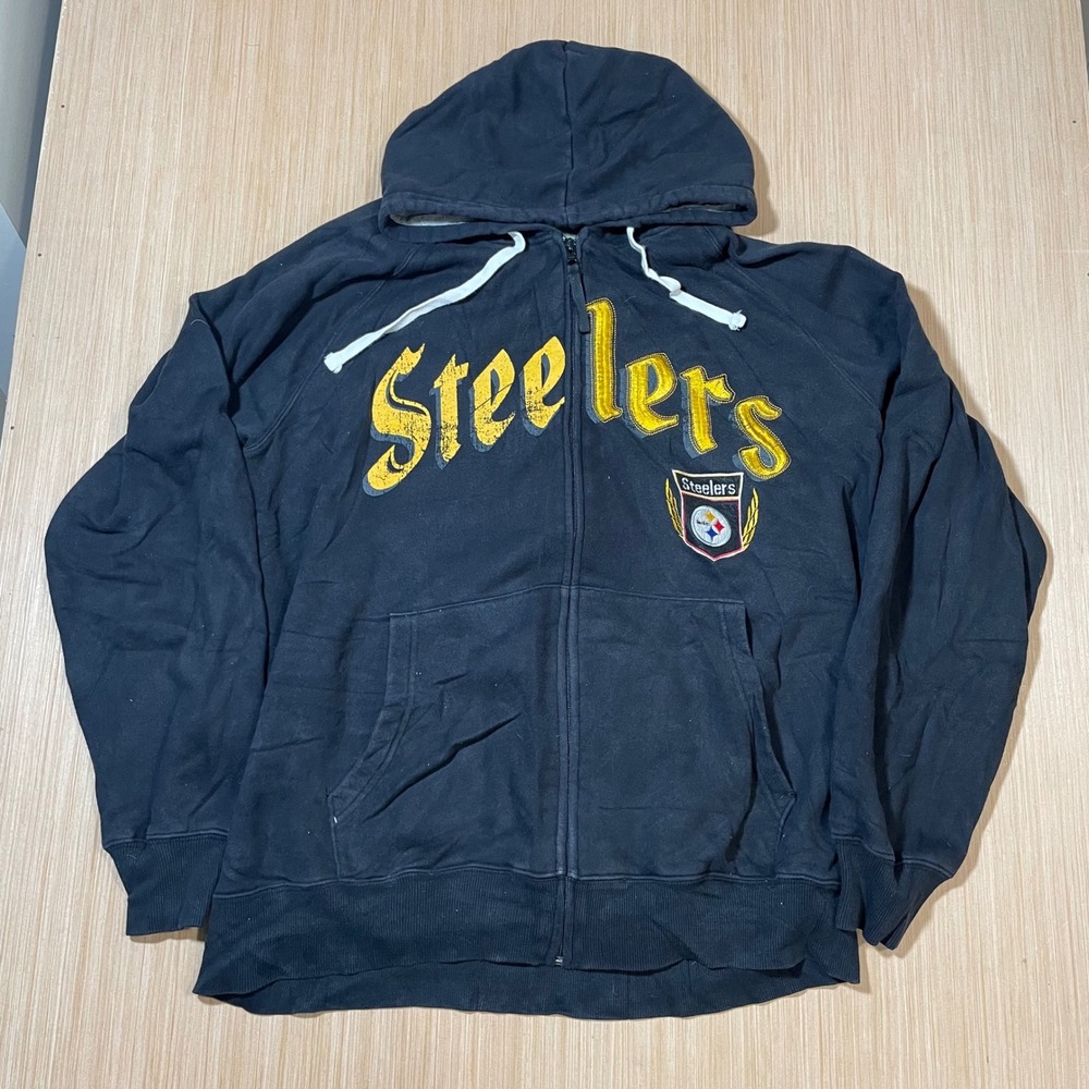 NFL Pittsburgh Steelers Zip Up Hoodie Mens XL Black Distressed Sweatshirt